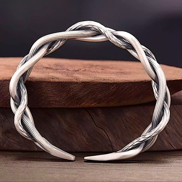 Braided Sterling Silver Bangle Cuff Bracelet - Picture 9 of 16
